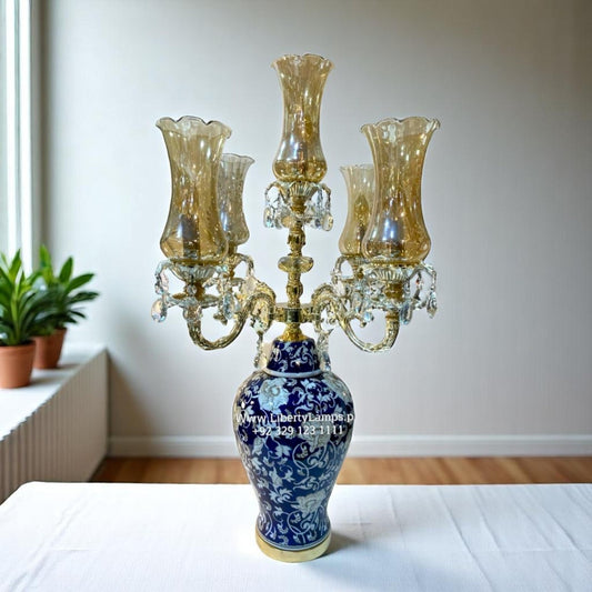 Royal Blue Pottery Irani Lala Table Lamp with 5 Glass Chimneys (Single)