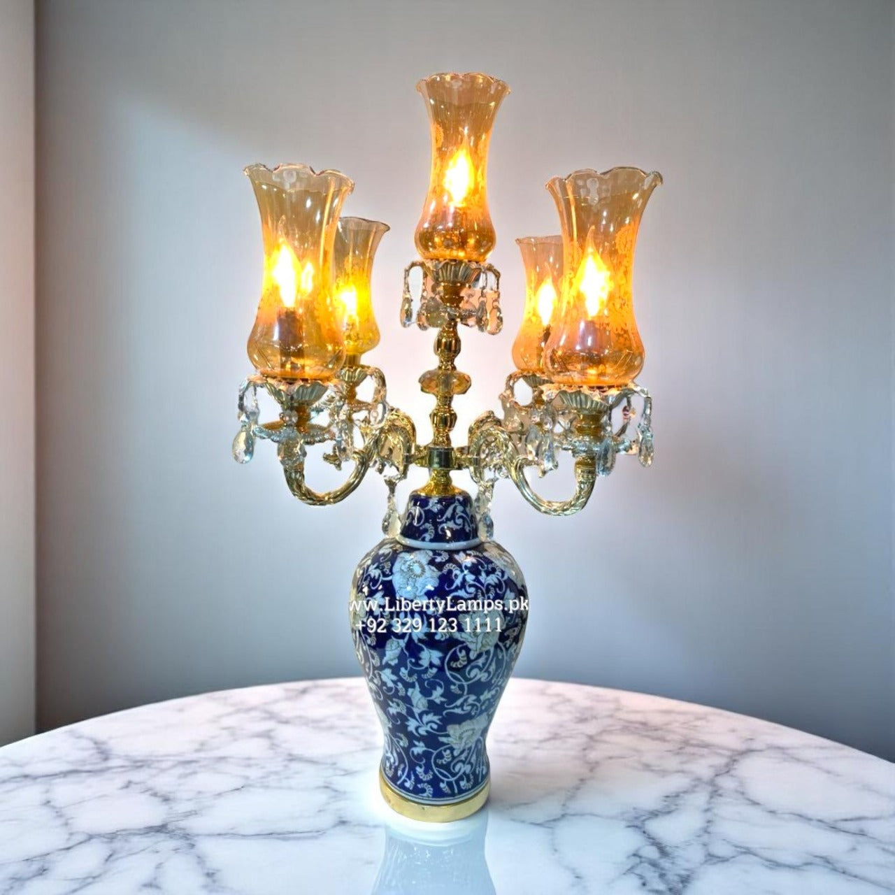 Royal Blue Pottery Irani Lala Table Lamp with 5 Glass Chimneys (Single)