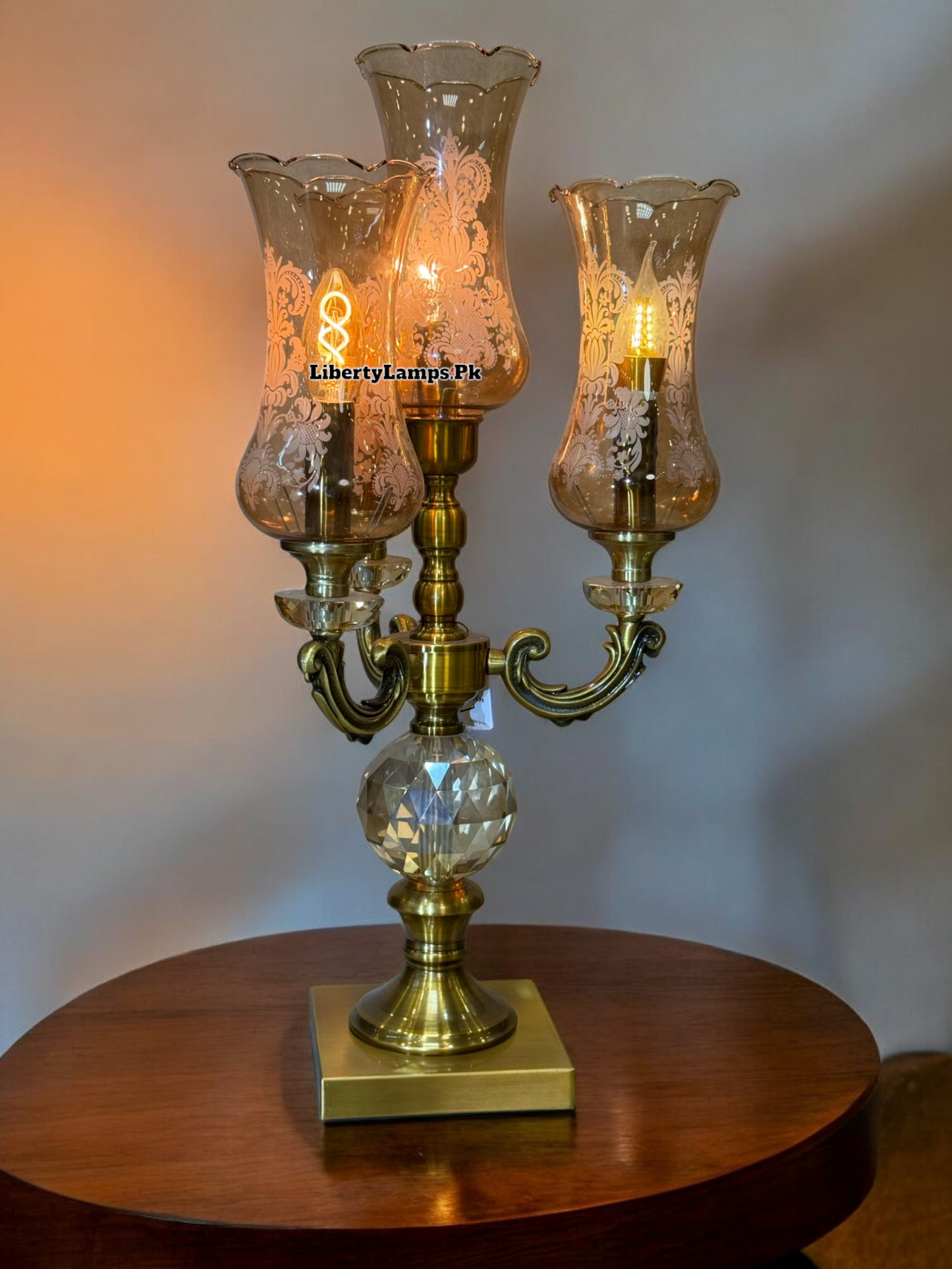 Antique 28-Inch Metal & Crystal Table Lamp with 4 Glass Chimneys & Lights