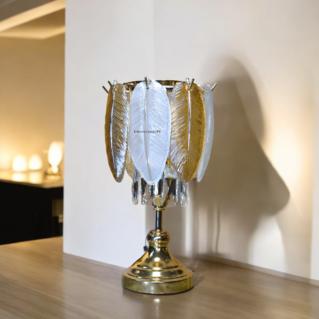 Graceful Leaf Design Glass Lamp with Metal Base (Pair)