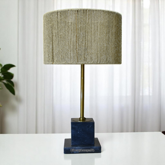 Minimalist Black Marble Table Lamps with Handmade Cane Shades (Pair)