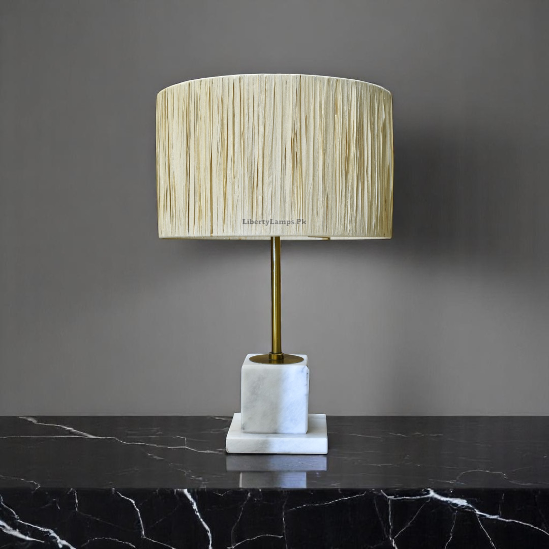 Minimalist White Marble Table Lamps with Handmade Cane Shades (Pair)