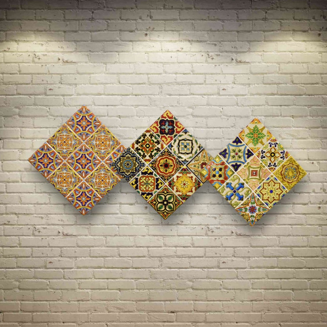 Ceramic Motif Wall Tile Set – Handmade 10x10 Inch (3-Piece Set)
