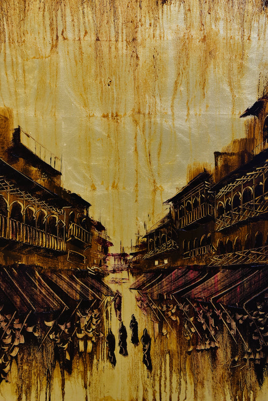 🌇 Golden Legacy – Heritage Cityscape on Gold Leaf (Single)