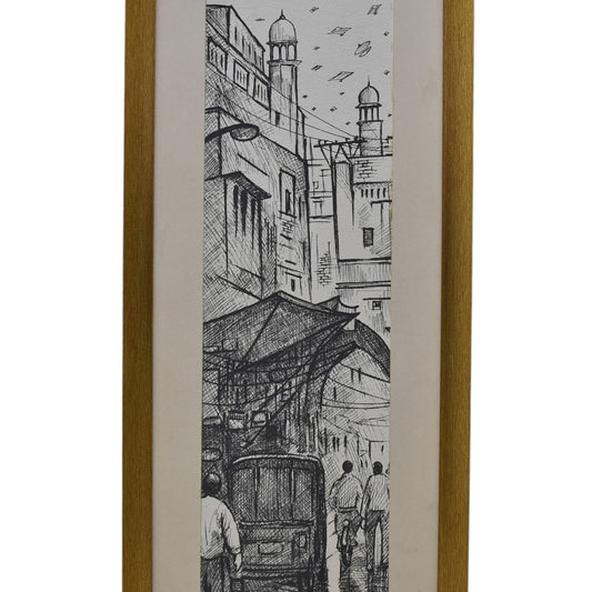 Whispers of Heritage – Handmade Old City Pencil Sketch (28x11 Inch)