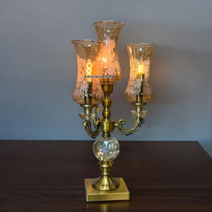 Antique 28-Inch Metal & Crystal Table Lamp with 4 Glass Chimneys & Lights