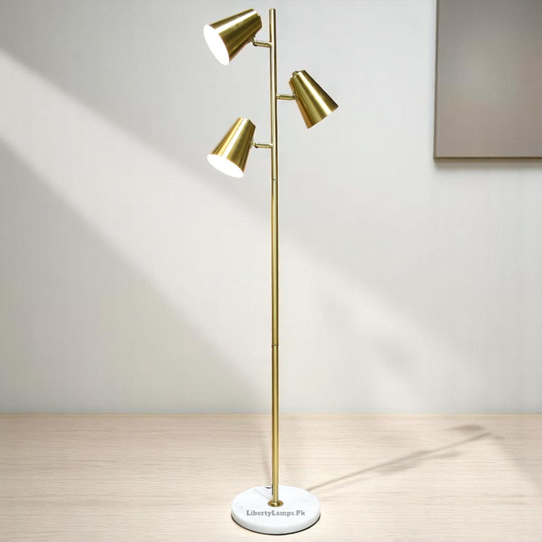 3-Light Adjustable Floor Lamp with Marble Base & Dull Gold Finish – 62" (Single)