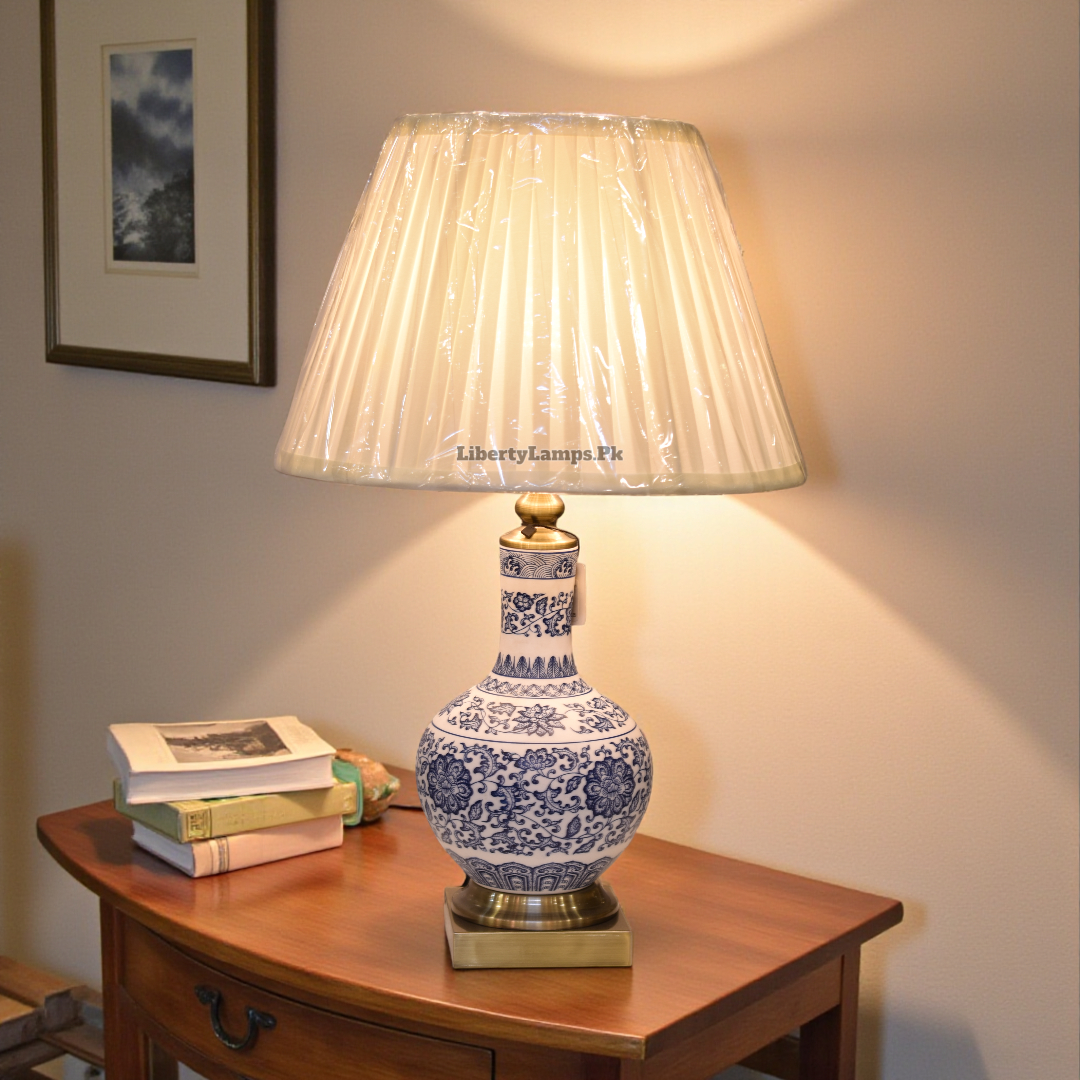 Azure Elegance Blue Pottery Table Lamp (Pair)