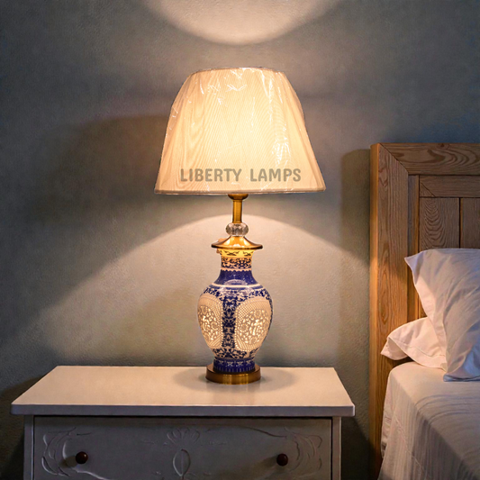 Sapphire Bloom Blue Pottery Table Lamp (Pair)
