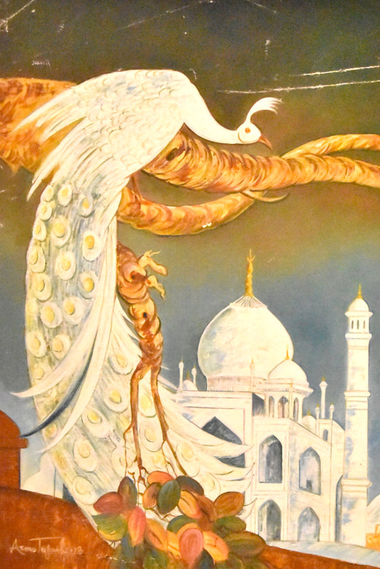 Royal Splendor™ – Peacock in Front of Taj Mahal Oil Painting on Canvas