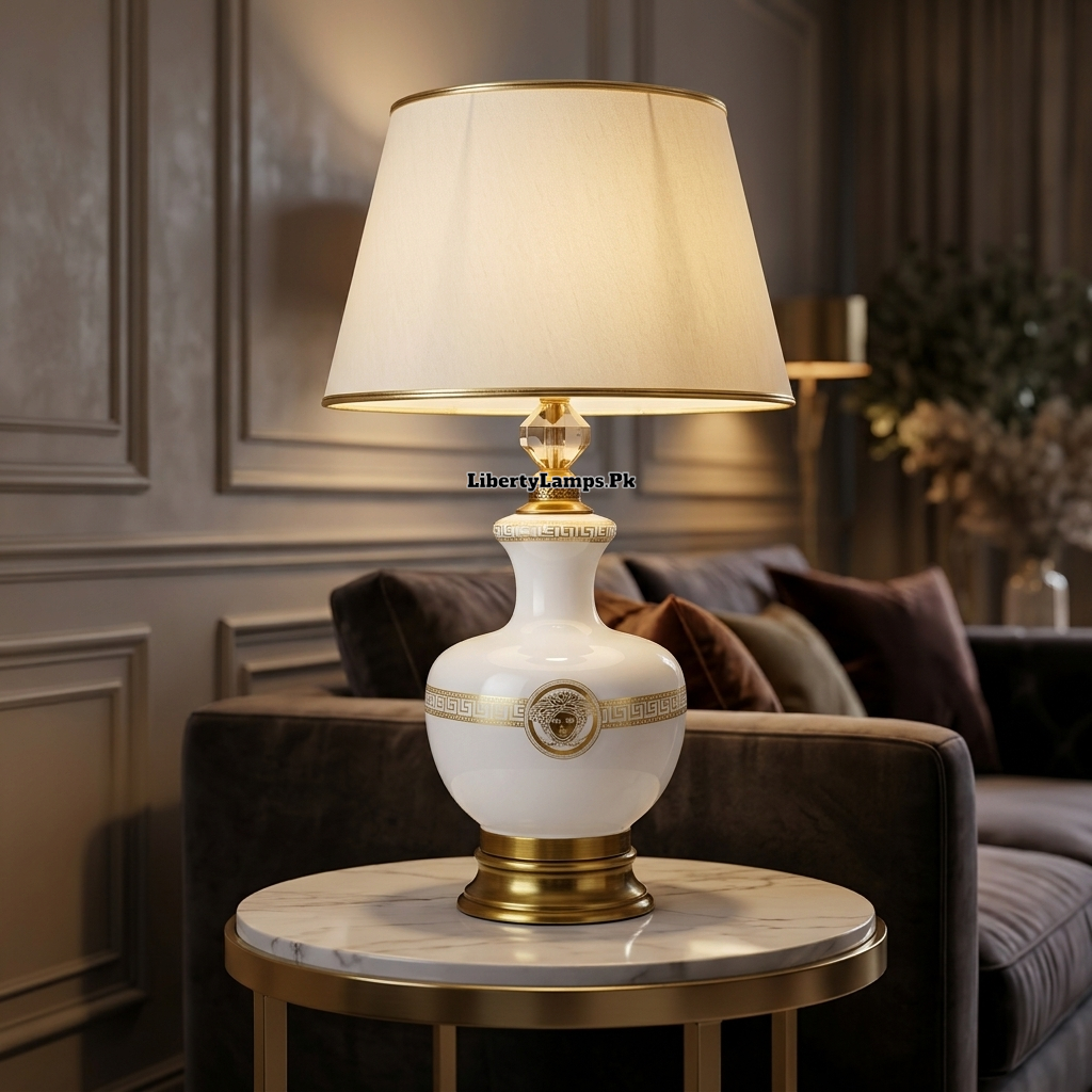 Versace-Inspired Elegance – White Glass Table Lamp Pair