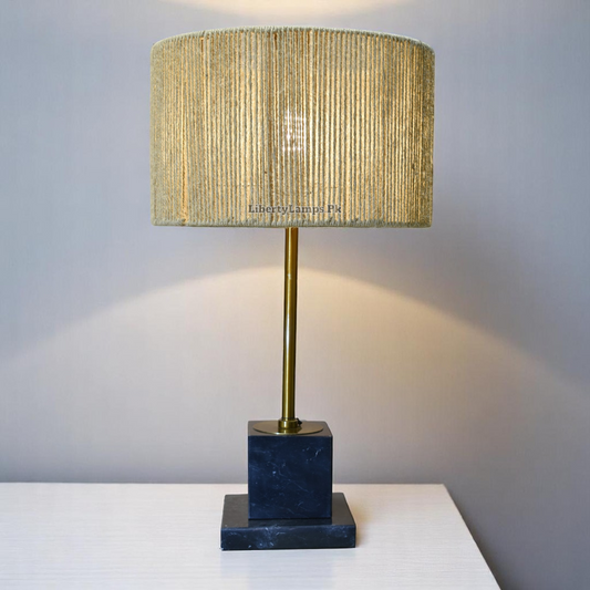 Minimalist Black Marble Table Lamps with Handmade Cane Shades (Pair)