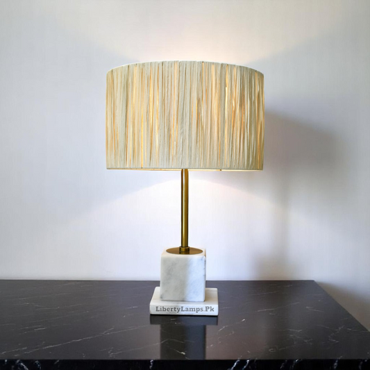 Minimalist White Marble Table Lamps with Handmade Cane Shades (Pair)