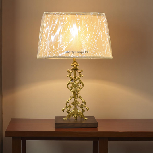 Heritage Shine – Brass Table Lamp with Wooden Base (Pair)