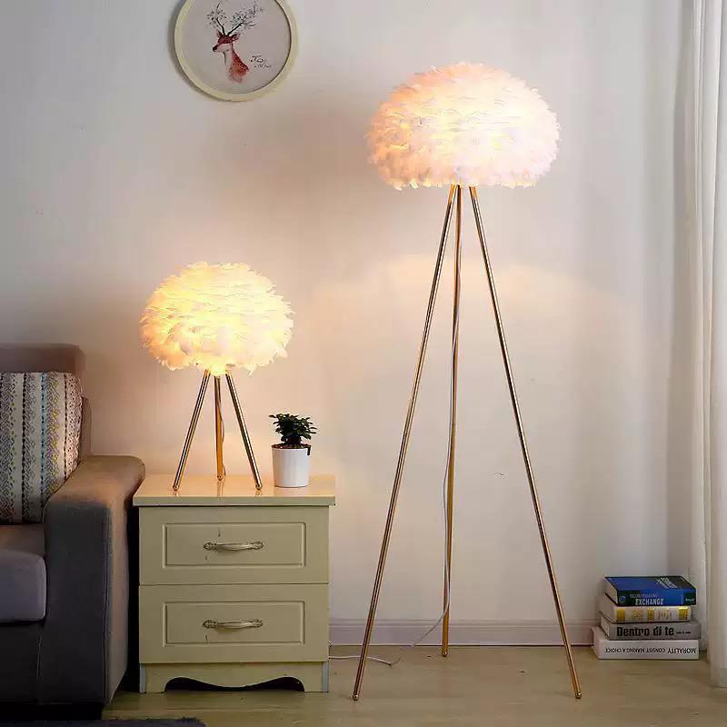 Feather Elegance – Imported Tripod Floor Lamp + Pair of Table Lamp