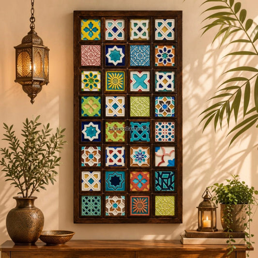 Artistic 32-Tile Handmade Wall Art with Wooden Frame