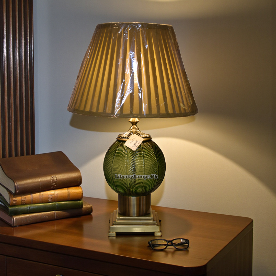 Emerald Glow Cutting Glass Table Lamp (Pair)