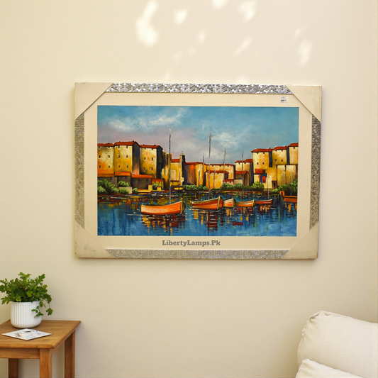 Old City Riverside Oil Painting on Canvas (Single)